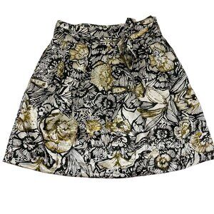 Max satin skirt a line brown yellow white floral print bow tie 14
